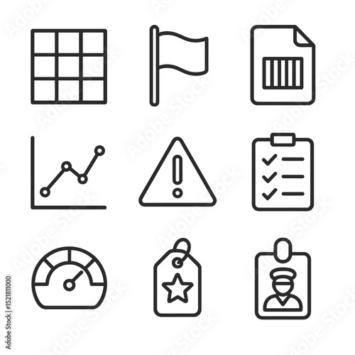 Customs Risk Icon Set. Outline icon set of customs risk assessment: risk matrix chart, red flag icon, cargo profile file,