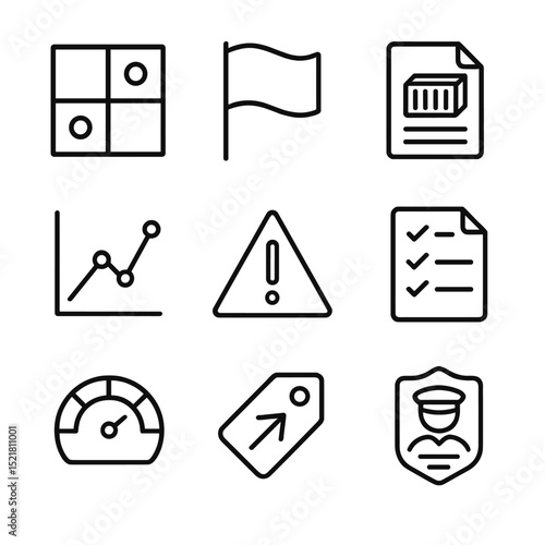 Customs Risk Icon Set. Outline icon set of customs risk assessment: risk matrix chart, red flag icon, cargo profile file,