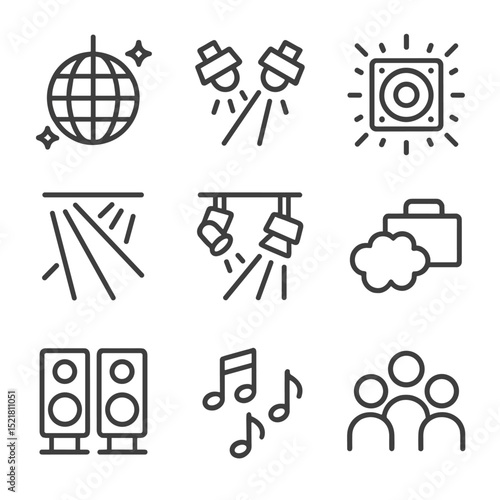 Party Icon Set. Outline icon set of party lighting: disco ball, flashing lights, strobe, colored beams, stage lights, fog,