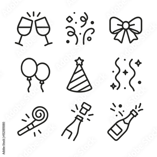 Party Celebration Icons. Outline icon set of celebratory toasts: clinking glasses, confetti, ribbon, balloons, party hat,