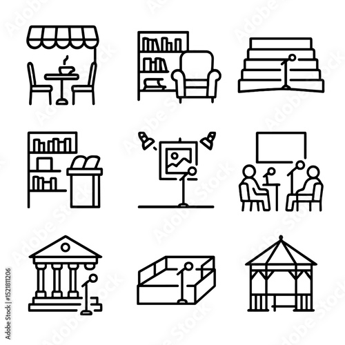 Poetry Venues Icons. Outline icon set of poetry reading venues: intimate café, library corner, outdoor amphitheater, bookstore