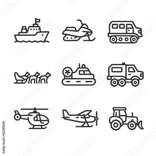 Polar Expedition Vehicles. Outline icon set of polar expedition vehicles: icebreaker ship, snowmobile, tracked vehicle, dog sled,