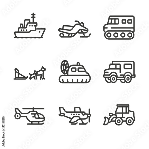 Polar Expedition Vehicles. Outline icon set of polar expedition vehicles: icebreaker ship, snowmobile, tracked vehicle, dog sled,