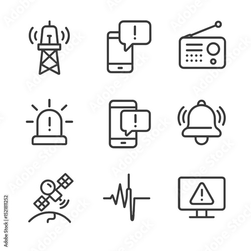 Early Warning Icon Set. Outline icon set of early warning systems: siren tower, SMS alert, radio broadcast, warning beacon, mobile