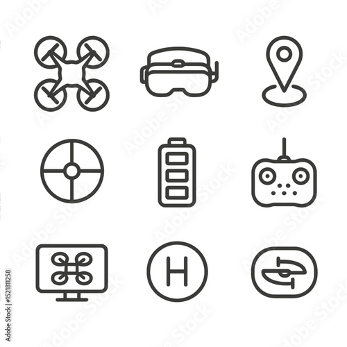 Drone Operations Icon Set. Outline icon set of drone and UAV operations: quadcopter, FPV goggles, ground control station, GPS