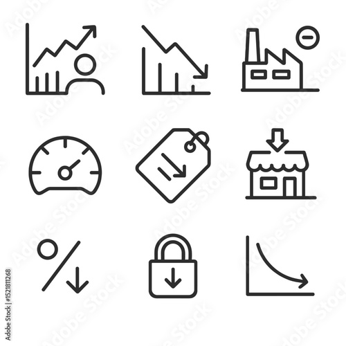 Economic Indicators Icons. Outline icon set of economic downturn indicators: rising unemployment graph, GDP decline arrow, factory