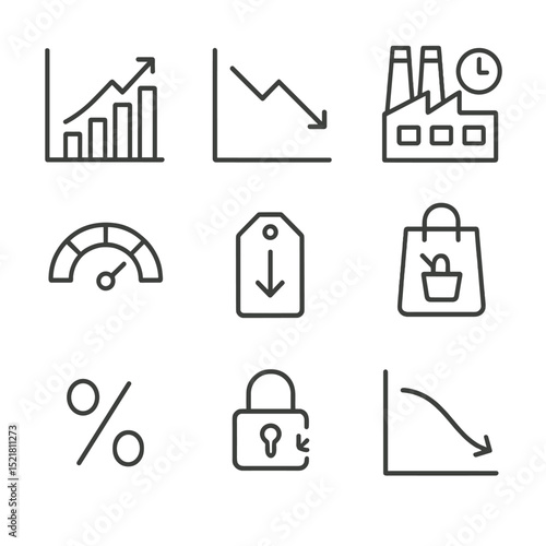 Economic Indicators Icons. Outline icon set of economic downturn indicators: rising unemployment graph, GDP decline arrow, factory