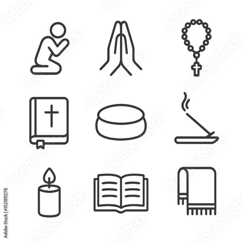 Prayer Icon Set. Outline icon set of prayer and meditation: kneeling figure, prayer hands, rosary beads, prayer journal,