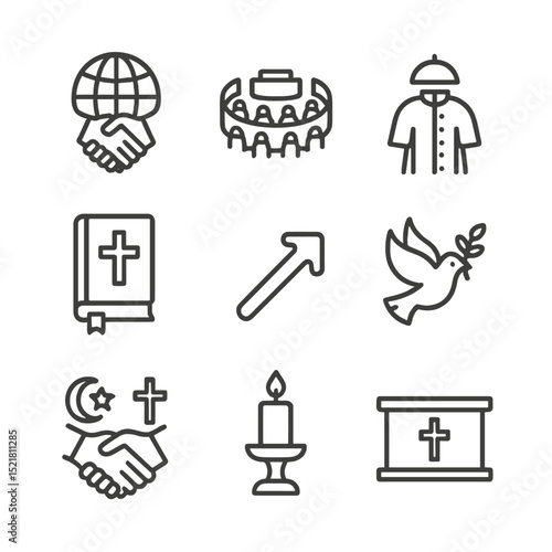 Ecumenism Icon Set. Outline icon set of Ecumenism & Vatican II: globe handshake, council hall, cassock and biretta, vernacular