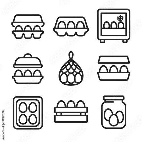 Egg Packaging Icons. Outline icon set of egg packaging and storage: egg carton, foam tray, refrigerated shelf, thermal container,