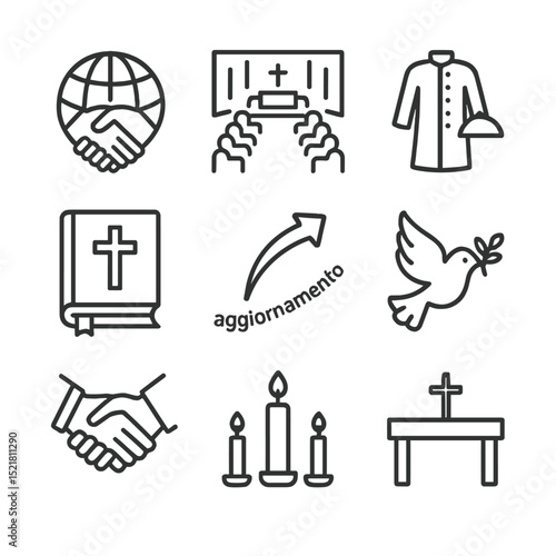 Ecumenism Icon Set. Outline icon set of Ecumenism & Vatican II: globe handshake, council hall, cassock and biretta, vernacular