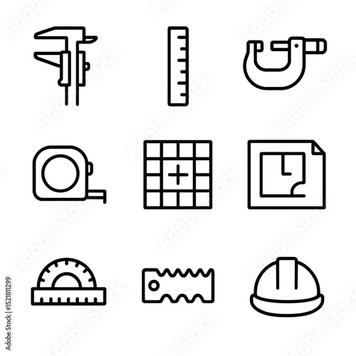 Precision Measurement Icons. Outline icon set of hundredth of an inch measurements: caliper tool, ruler, micrometer, measuring