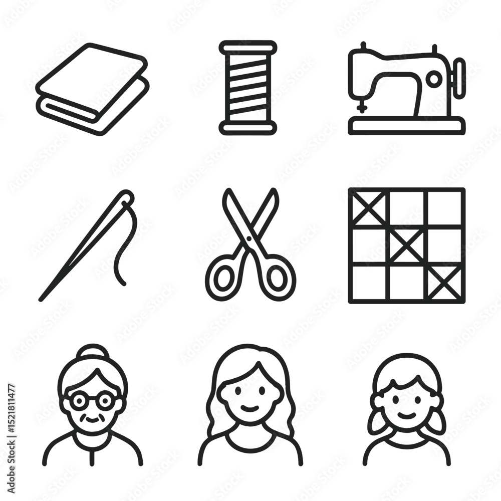Fototapeta premium Family Sewing Icons. Outline icon set of family sewing day: fabric, thread, sewing machine, needle, scissors, quilting,