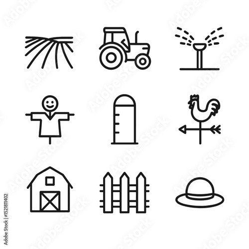 Farm Icons Collection. Outline icon set of open field and agricultural land: crop rows, tractor, irrigation sprinkler, scarecrow,