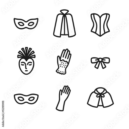 Costume Couture Icons. Outline icon set of themed costume couture: masquerade mask, cape cloak, corset top, theatrical headpiece,