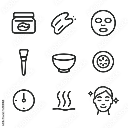 Facial Mask Icons Set. Outline icon set of facial masks: clay mask jar, charcoal smear, sheet mask, brush applicator, mixing bowl,