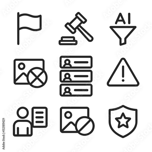 Content Moderation Icons. Outline icon set of content moderation protection: report flag, moderation gavel, AI filter, blocked