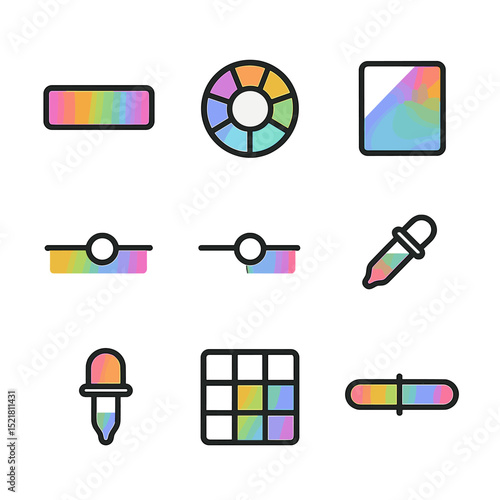 Rainbow Gradient Sliders Set. Outline icon set of rainbow gradient sliders: hue bar, color wheel, gradient swatch, saturation