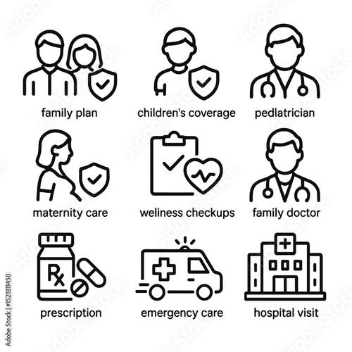 Family Health Icons. Outline icon set of health insurance options for families: family plan, children’s coverage, pediatrician,