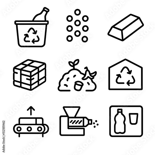 Recycling Icon Set. Outline icon set of recycling loop elements: glass bottle bin, plastic pellet, metal ingot, paper bale,