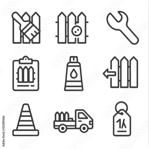 Fence Maintenance Icons. Outline icon set of fence maintenance signage: repaint brush, rust spot, repair wrench, inspection