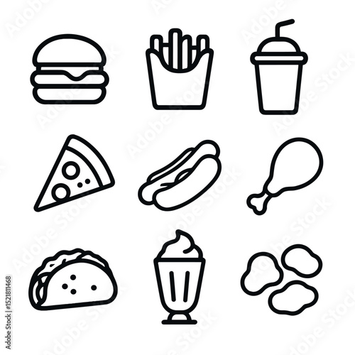 Fast Food Icons. Outline icon set of fast food consumption: burger, fries, soda cup, pizza slice, hot dog, fried chicken drumstick