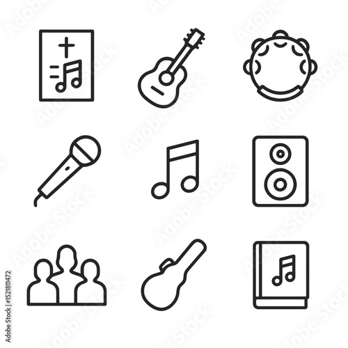 Family Worship Icons. Outline icon set of family worship music: hymn sheet, guitar, tambourine, microphone, music note, speaker,