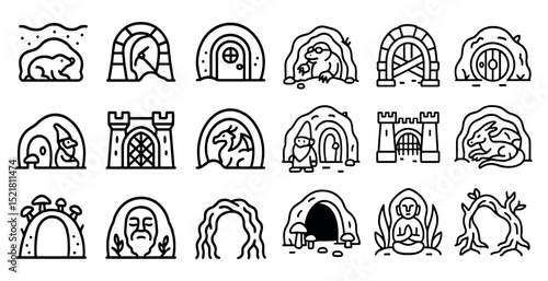 Imaginative cave and tunnel line icons for fantasy design and illustration projects