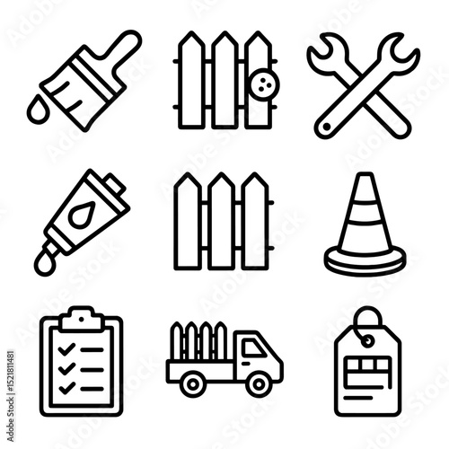 Fence Maintenance Icons. Outline icon set of fence maintenance signage: repaint brush, rust spot, repair wrench, inspection