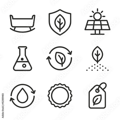 Cradle-to-Cradle Icons. Outline icon set of cradle-to-cradle design: cradle symbol, material health icon, renewable energy panel,