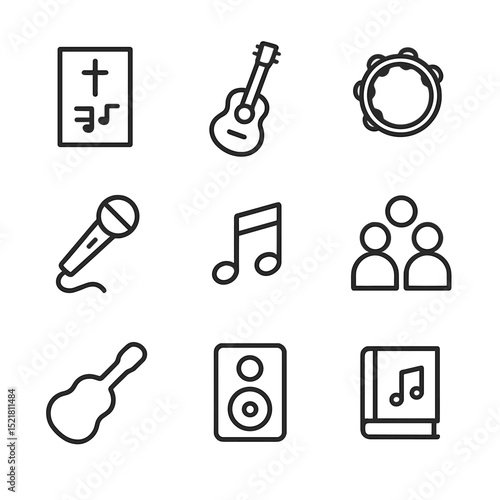 Family Worship Icons. Outline icon set of family worship music: hymn sheet, guitar, tambourine, microphone, music note, speaker,