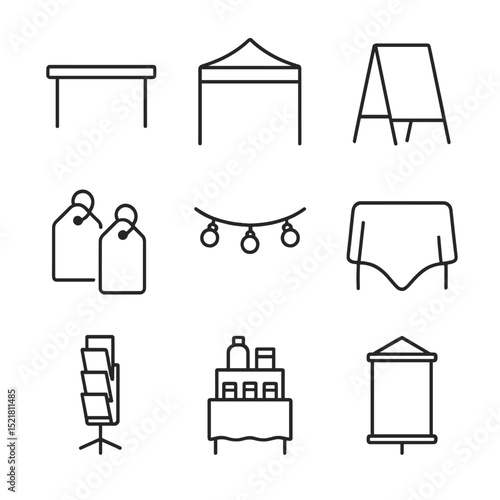Craft Fair Icon Set. Outline icon set of craft fair booth setup: display table, canopy tent, signage board, price tags, lighting