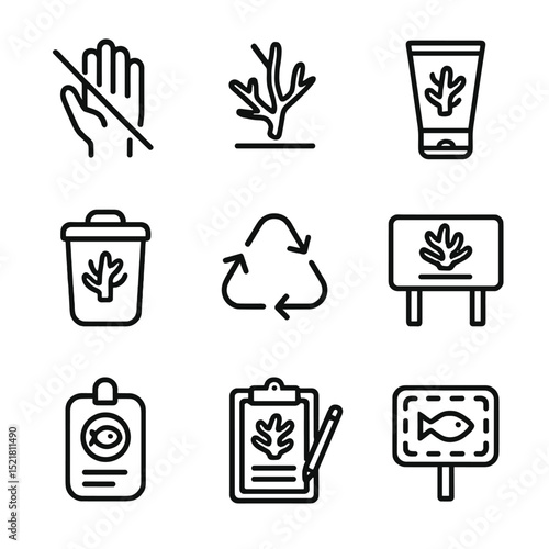Reef Conservation Icons. Outline icon set of reef conservation awareness: no-touch hand, coral restoration fragment, reef-safe