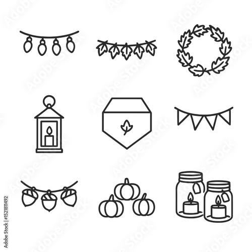 Festive Decoration Icons. Outline icon set of festive decorations: string lights, autumn garland, leaf wreath, candle lantern,