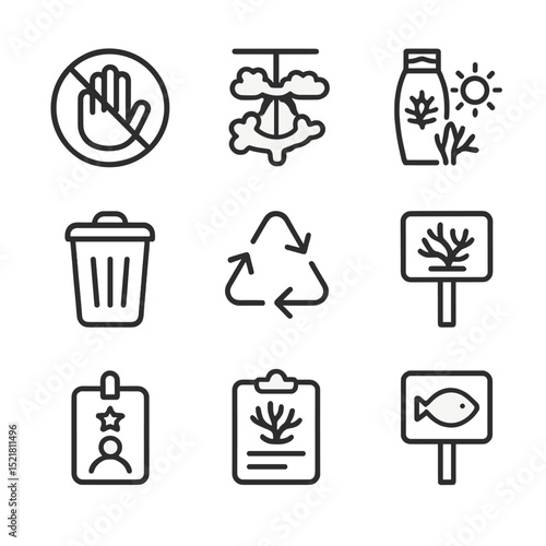 Reef Conservation Icons. Outline icon set of reef conservation awareness: no-touch hand, coral restoration fragment, reef-safe