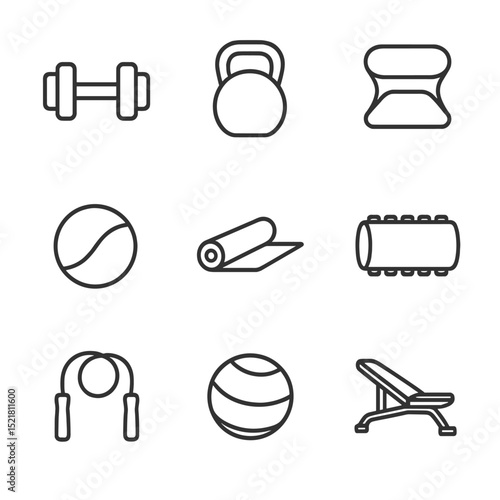 Fitness Equipment Icons. Outline icon set of personal training equipment: dumbbell, kettlebell, resistance band, medicine ball,