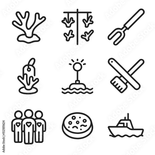 Restoration Efforts Icons. Outline icon set of restoration efforts: coral fragment, nursery frame, transplantation tool, growth