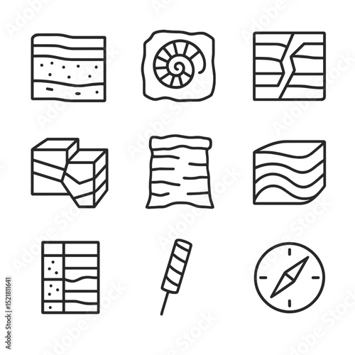 Geological Icon Grid. Outline icon set of geological cliff strata: sediment layers, fossil imprint, mineral vein, fault line, rock