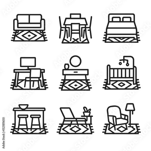 Geometric Icon Sets. Outline icon set of geometric rug room settings: living room sofa, dining table, bedroom bed, office desk,