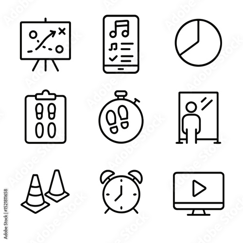 Flash Mob Planning Icons. Outline icon set of flash mob choreography planning: choreography board, music playlist, timing chart,