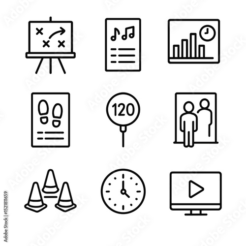 Flash Mob Planning Icons. Outline icon set of flash mob choreography planning: choreography board, music playlist, timing chart,
