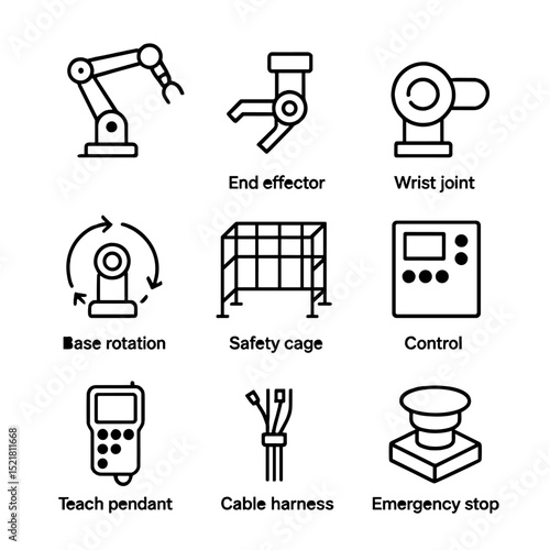 Robotic Arm Icon Set. Outline icon set of servicing robotic arms: six-axis arm, end effector tool, wrist joint, base rotation,