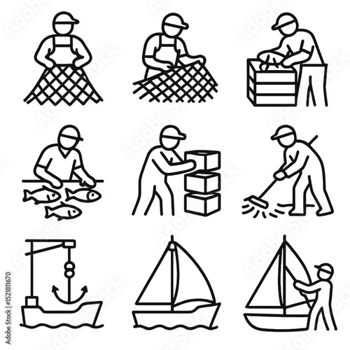 Deck Activity Icons. Outline icon set of deck activities: hauling net, mending net, checking catch, sorting fish, stacking crates,