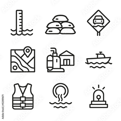 Flood Response Icons Set. Outline icon set of flood response planning: water level gauge, sandbag barrier, flooded road sign,
