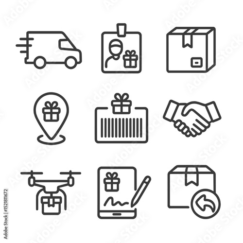Gift Delivery Icons. Outline icon set of gift delivery and logistics: delivery van, courier badge, parcel box, address label,