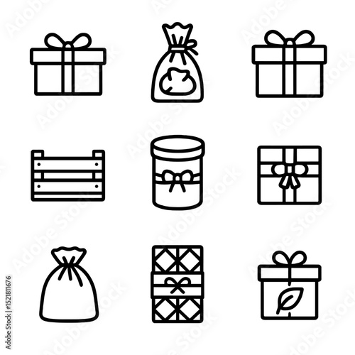 Gift Packaging Icons. Outline icon set of gift packaging styles: kraft paper wrap, clear cellophane bag, metallic foil box, fabric
