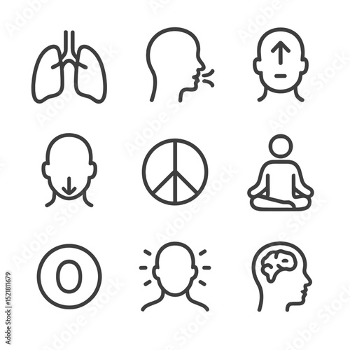 Deep Breathing Icons. Outline icon set of deep breathing exercises: lungs, breath, inhale, exhale, peace, calm, meditation, oxygen
