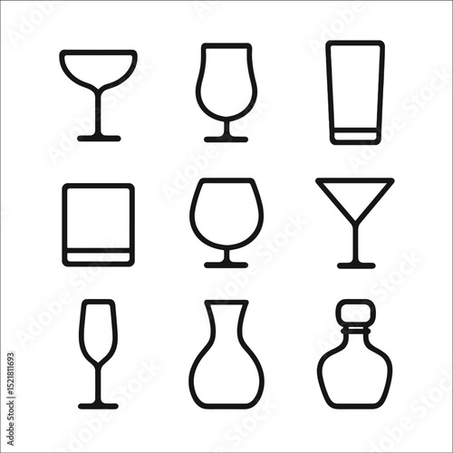 Glassware Icon Set. Outline icon set of glassware styles: coupe glass, tulip glass, highball, lowball, snifter, martini glass,