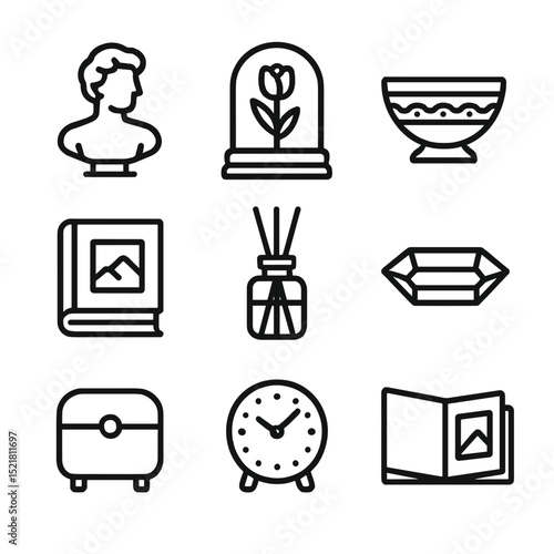 Decorative Tabletop Icons. Outline icon set of decorative tabletop display: sculpture bust, glass dome, art book, ornamental bowl,