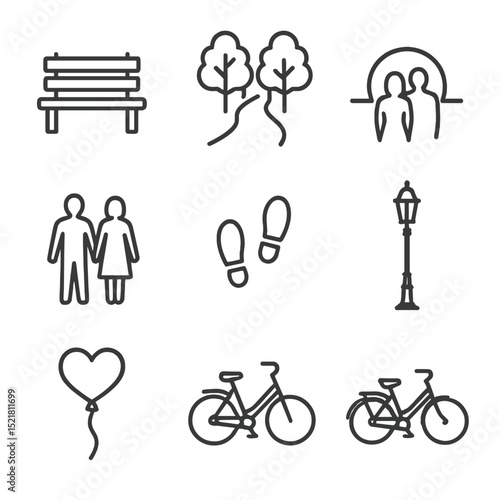 Romantic Icon Set. Outline icon set of Romantic walks: park bench, tree-lined path, couple silhouettes, sunset, hand-in-hand,
